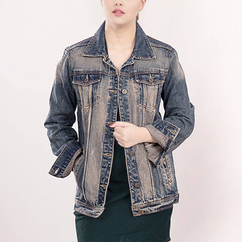 Western Denim Jacket with Hand-Tooled Tan Leather Yoke