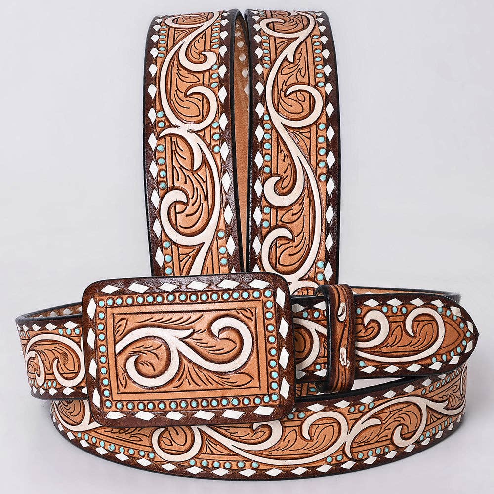 Tooled Western Leather Belt - White Scroll with Turquoise Studs