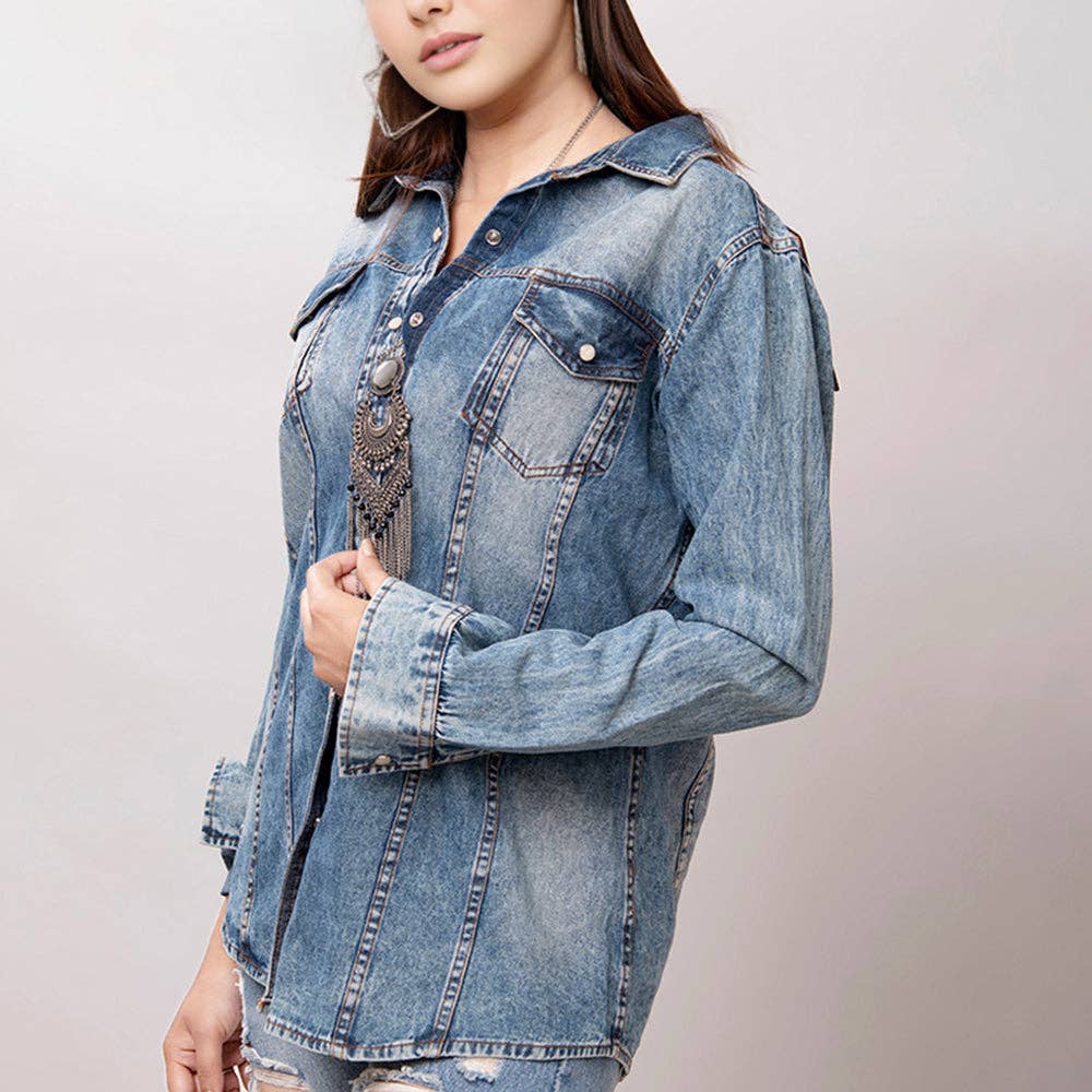 Western Denim Shirt with Sunflower & Cactus Tooled Leather Yoke