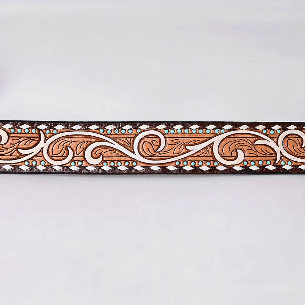 Tooled Western Leather Belt - White Scroll with Turquoise Studs