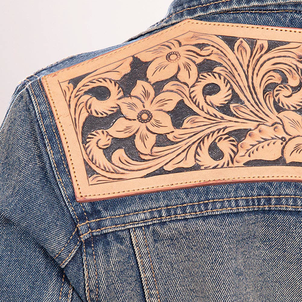 Western Denim Jacket with Hand-Tooled Tan Leather Yoke