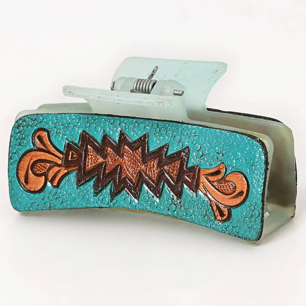 Turquoise Tooled Leather Hair Claw Clip