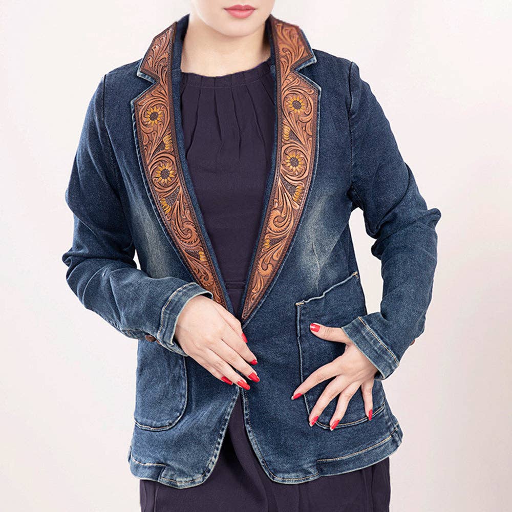 Western Denim Blazer with Sunflower Tooled Leather Lapels