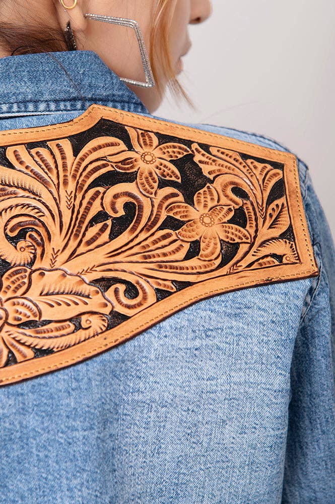 Women's Denim Shirt with Hand-Tooled Floral Leather Yoke