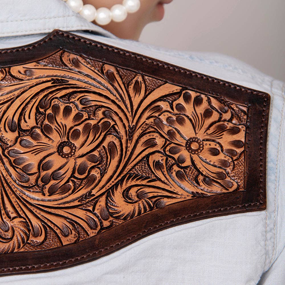 Women's Denim Western Shirt with Tooled Leather Yoke – Handcrafted Floral Back Detail