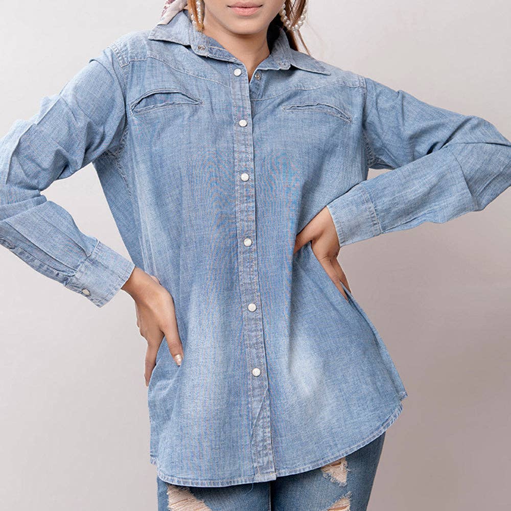 Light Chambray Western Shirt with Tooled Leather Yoke & Turquoise Concho