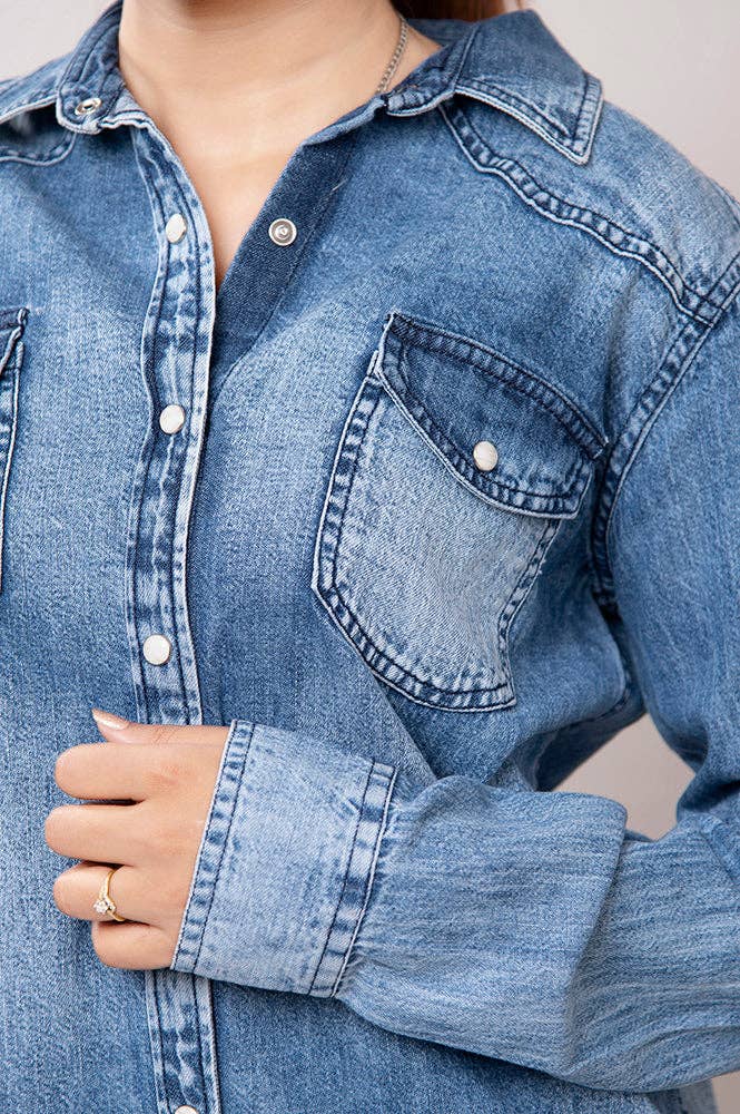 Women's Denim Shirt with Hand-Tooled Floral Leather Yoke