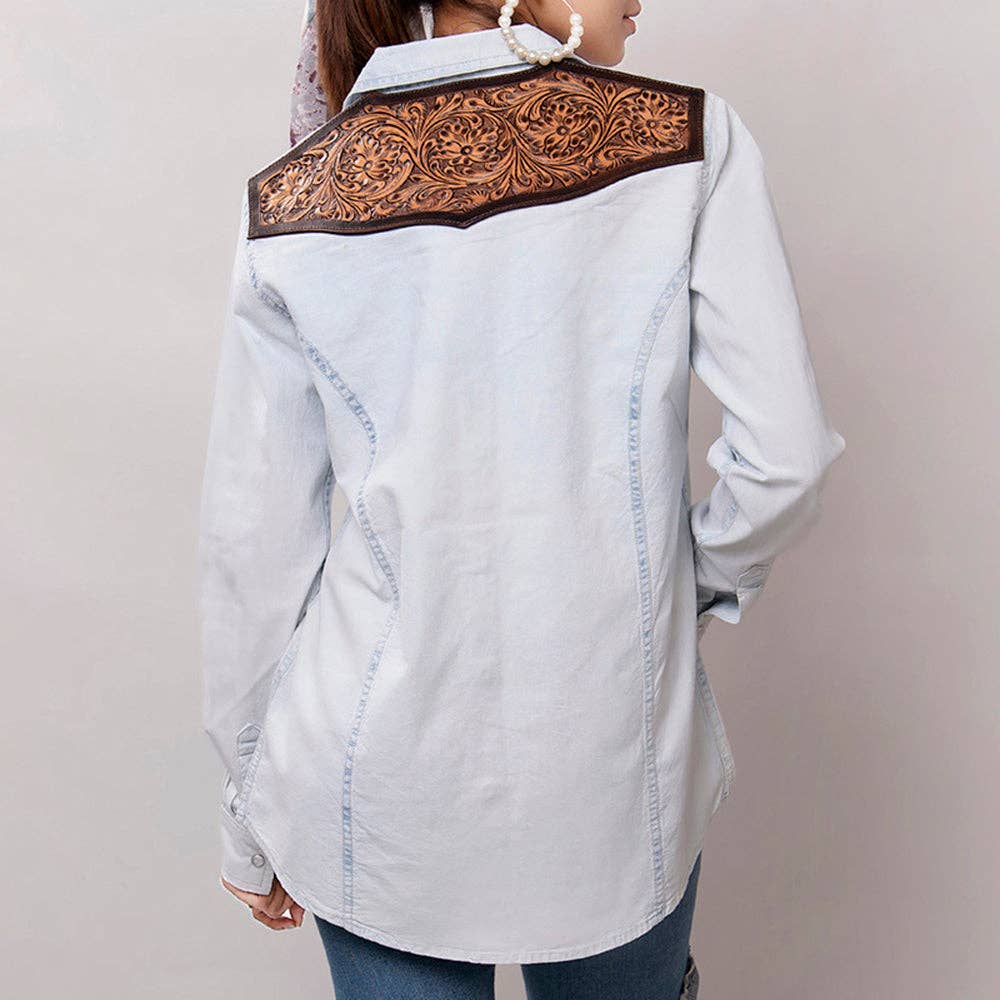 Women's Denim Western Shirt with Tooled Leather Yoke – Handcrafted Floral Back Detail