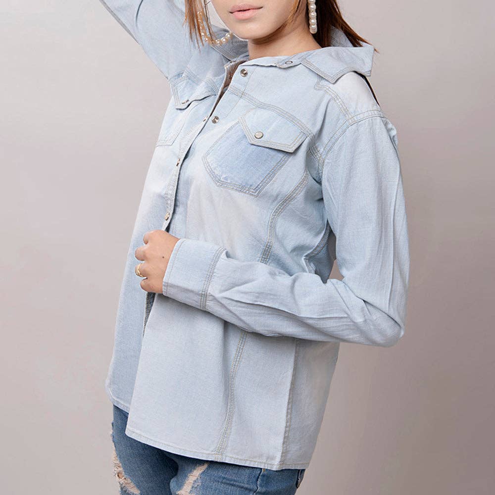 Light Denim Western Shirt with Sunflower Tooled Leather Yoke