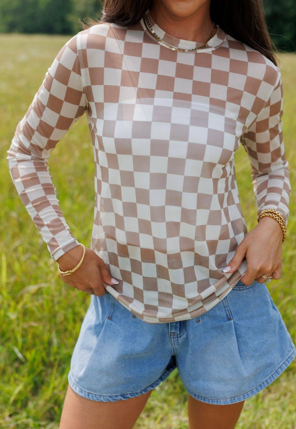 Tan & Cream Checkerboard Mesh Top