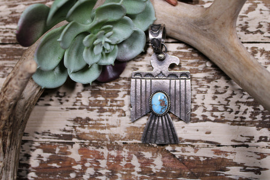 Kevin Billah Navajo Golden Hills Turquoise Thunderbird Sterling Silver Pendant