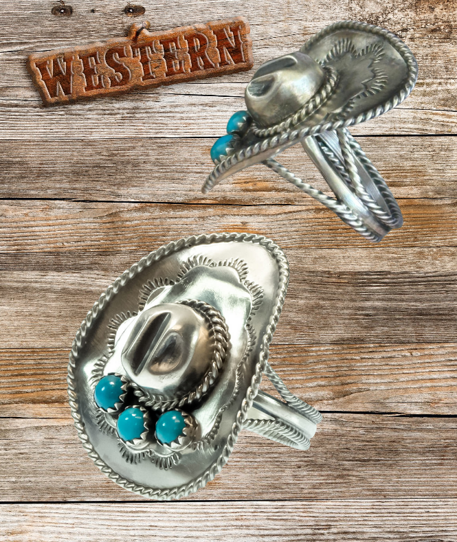 Navajo Bobby Platero Western Turquoise Cowboy Hat Ring - Sterling Silver
