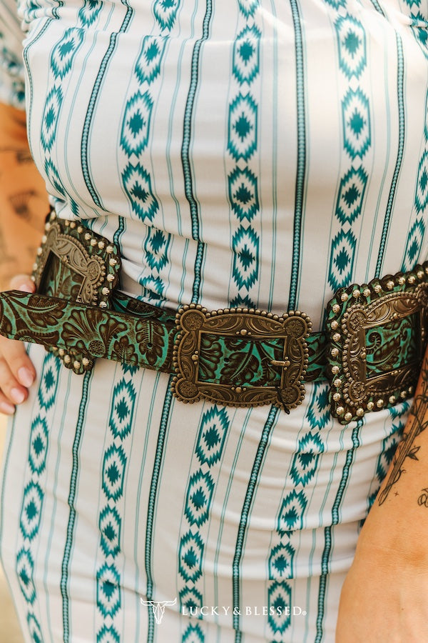 Turquoise Tooled Leather Square Concho Belt