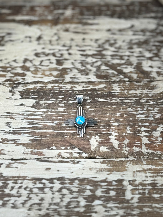 Raymond Yazzie Navajo Sterling Silver Kingman Turquoise Zia Pendant
