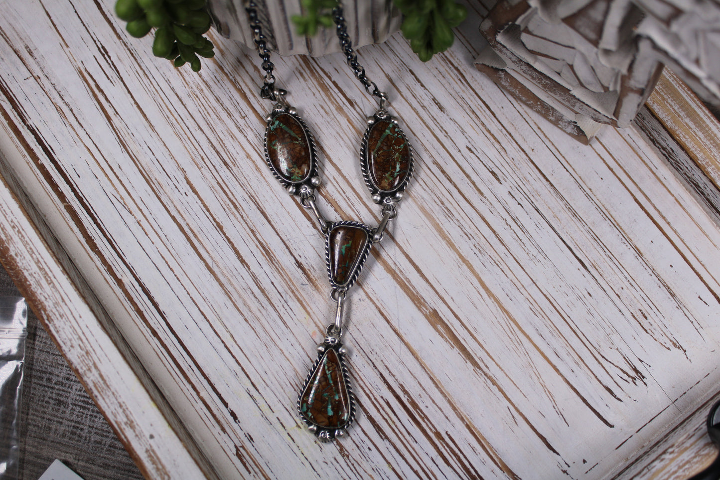 Royston Ribbon Turquoise Sterling Silver Necklace – 26 inch
By Navajo Silversmith Augustine Largo