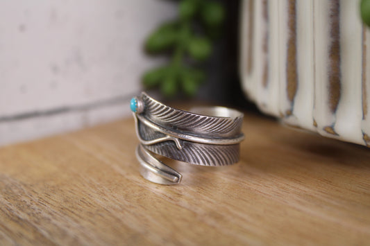 Kingman Turquoise Feather Wrap Ring – Navajo Artist Chris Charley