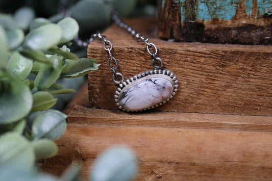 White Buffalo Turquoise Sterling Silver Necklace – 16” Adjustable Chain