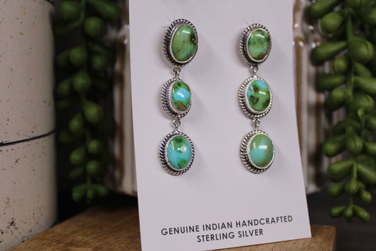 Navajo Sonoran Gold Turquoise Triple Drop Earrings – By Lorenzo Arviso