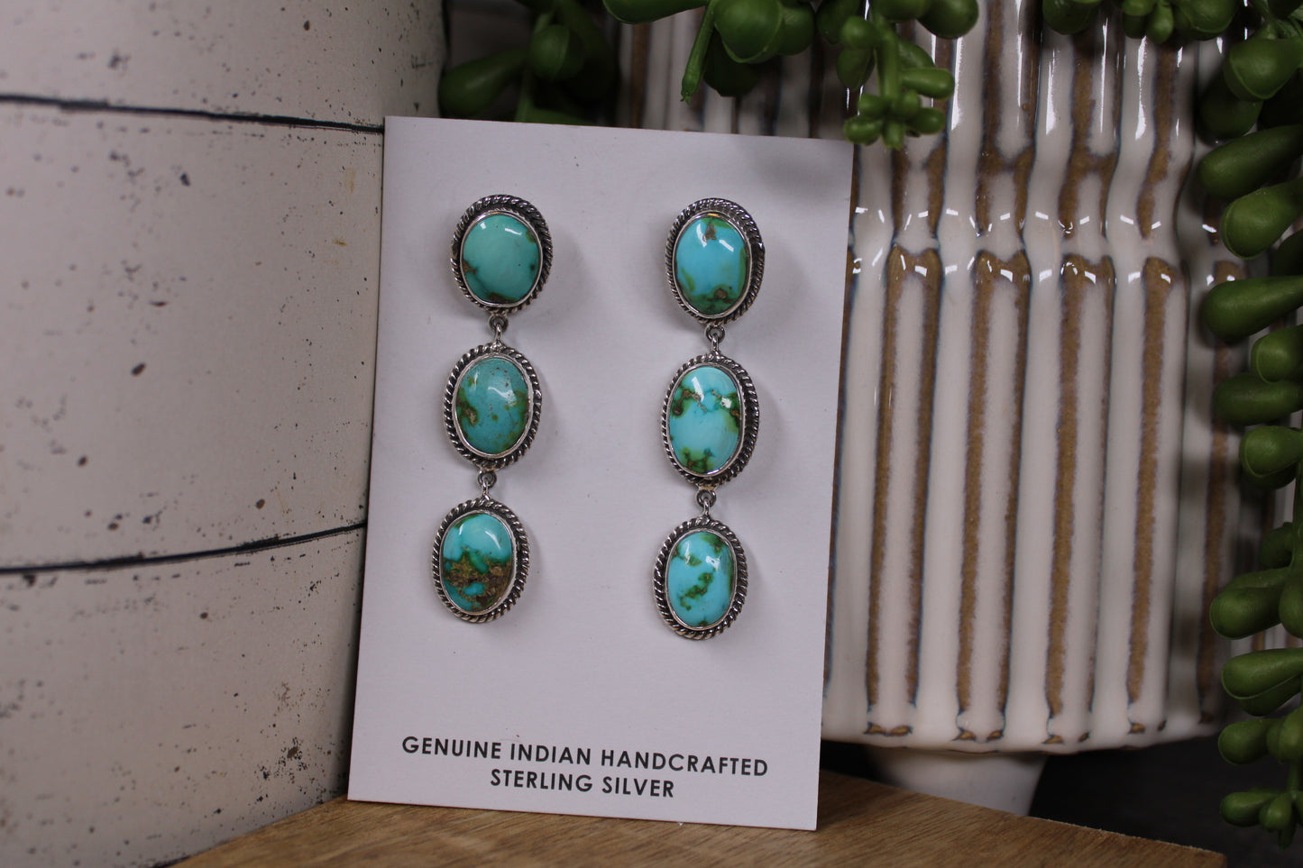 Navajo Sonoran Gold Turquoise Triple Drop Earrings – By Lorenzo Arviso