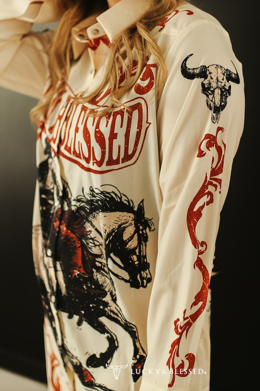 Lucky Horse Printed Pearl Snap Long Sleeve Dress