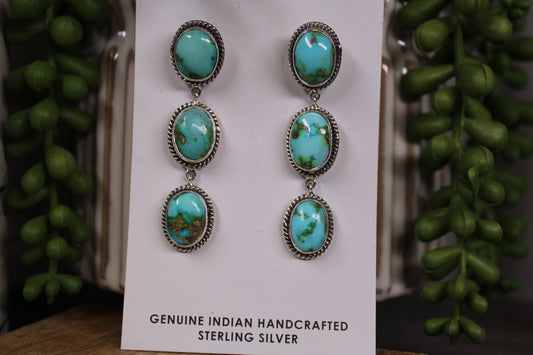 Navajo Sonoran Gold Turquoise Triple Drop Earrings – By Lorenzo Arviso