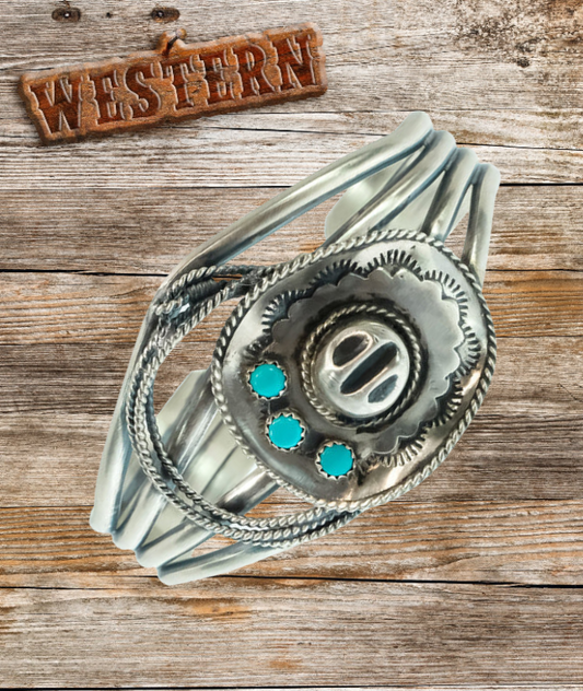 Navajo Bobby Platero Western Turquoise Cowboy Hat Lasso Cuff Bracelet - Sterling Silver