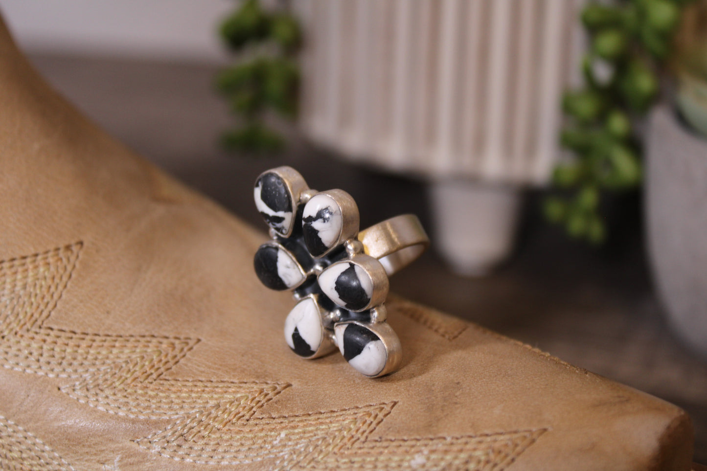 Tonopah White Buffalo Turquoise Sterling Silver Adjustable Ring – Stamped Sterling