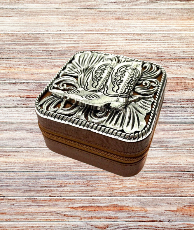 Cowboy Boot Etched Metal Plate Jewelry Box