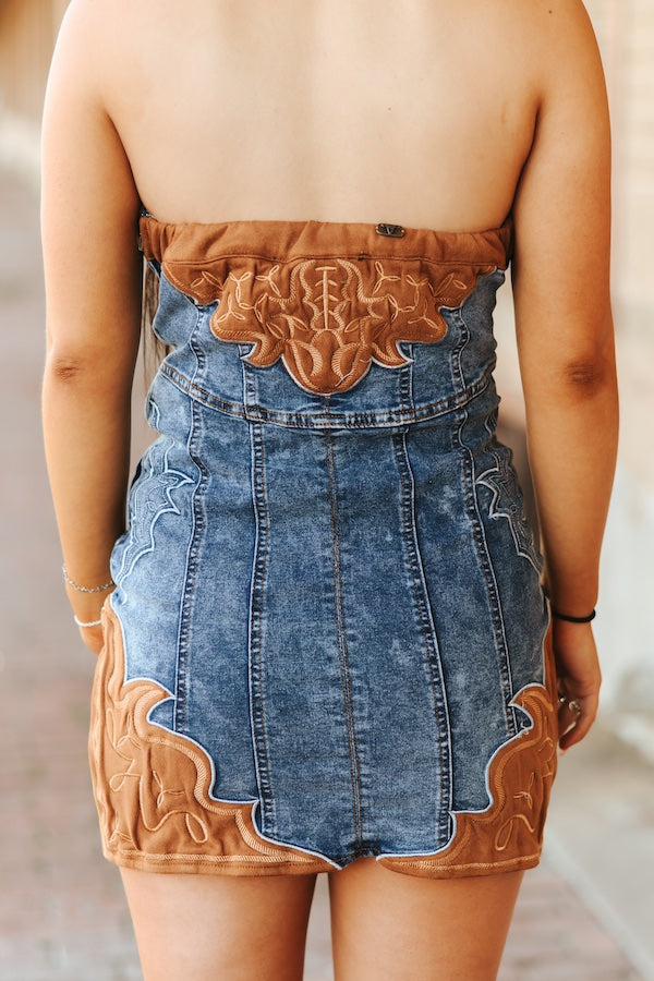 Stone Wash Stretch Denim Dress w/ Camel Suede Boot Stitch Embroidery Patch Detail