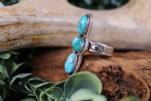 White Water Turquoise Sterling Silver Adjustable Ring - 3 Stone