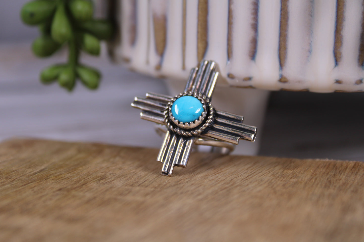 Navajo Handmade Kingman Turquoise Zia Ring – David Morris
