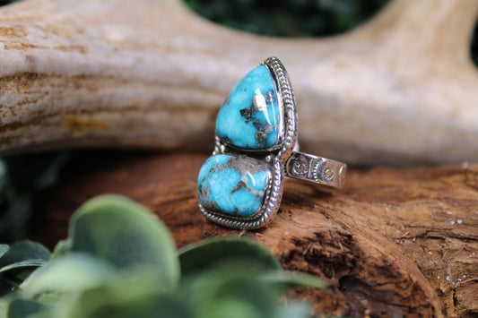 White Water Turquoise Sterling Silver Adjustable Ring - 2 Stone