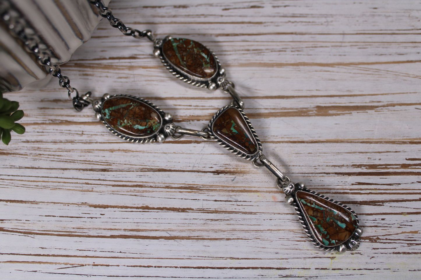 Royston Ribbon Turquoise Sterling Silver Necklace – 26 inch
By Navajo Silversmith Augustine Largo