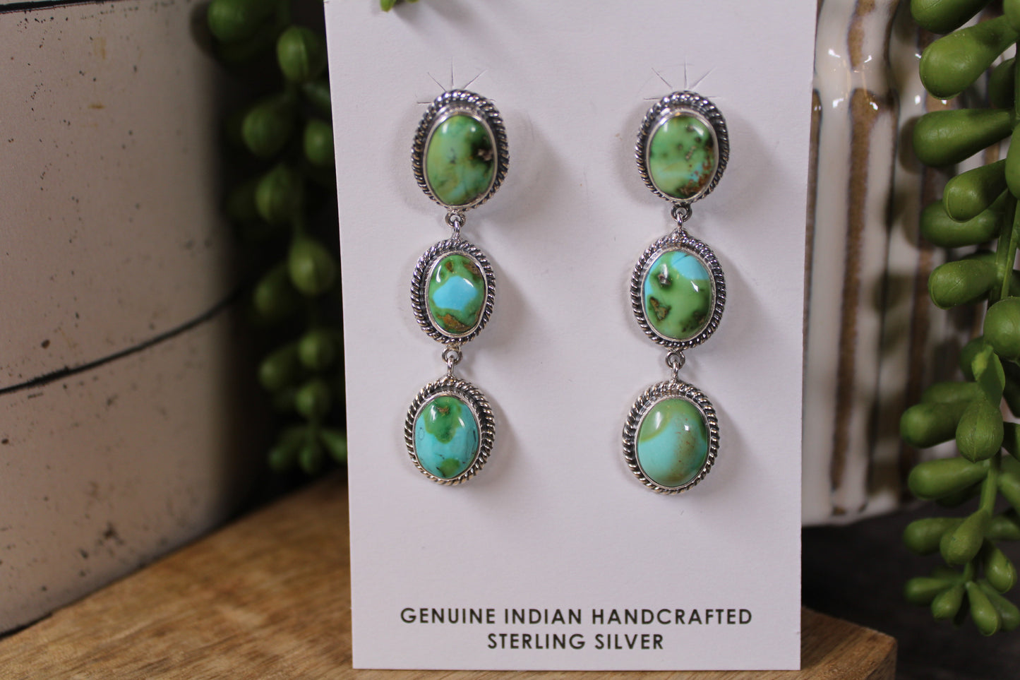 Navajo Sonoran Gold Turquoise Triple Drop Earrings – By Lorenzo Arviso