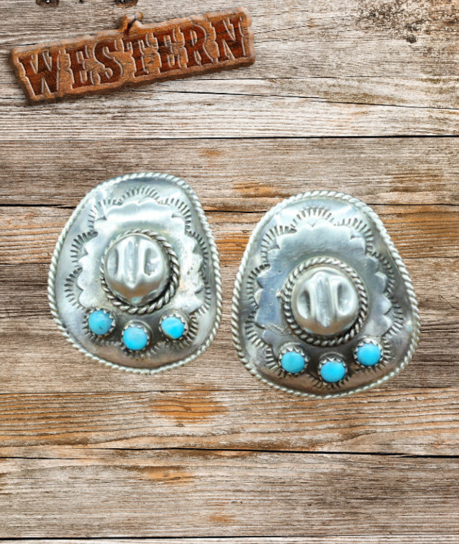 Navajo Bobby Platero Western Turquoise Cowboy Hat Earrings - Sterling Silver