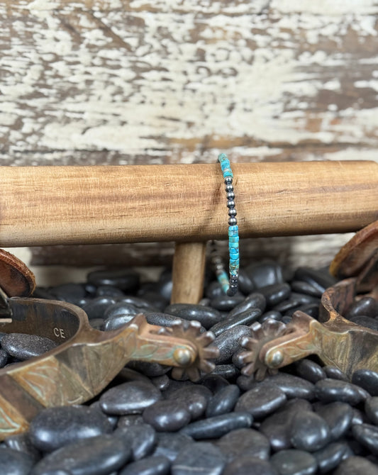 Corraine Smith Navajo Hand-Strung Kingman Turquoise & 4mm Navajo Pearl Sterling Silver Bracelet