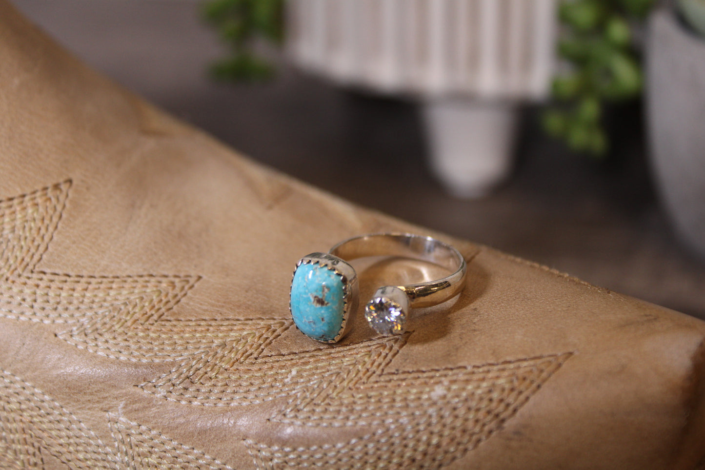 Blue Bird Turquoise & Moissanite Adjustable Ring – Sterling Silver