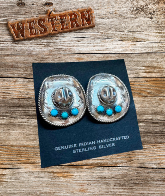 Navajo Bobby Platero Western Turquoise Cowboy Hat Earrings - Sterling Silver