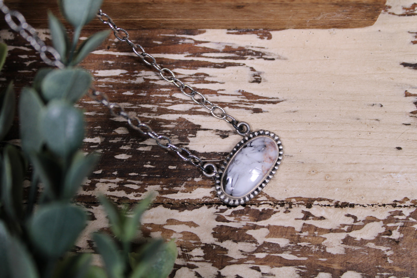 White Buffalo Turquoise Sterling Silver Necklace – 16” Adjustable Chain