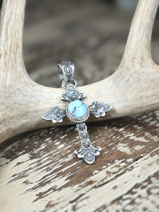 Kevin Billah Navajo Sterling Silver Cross Pendant with Golden Hills Turquoise