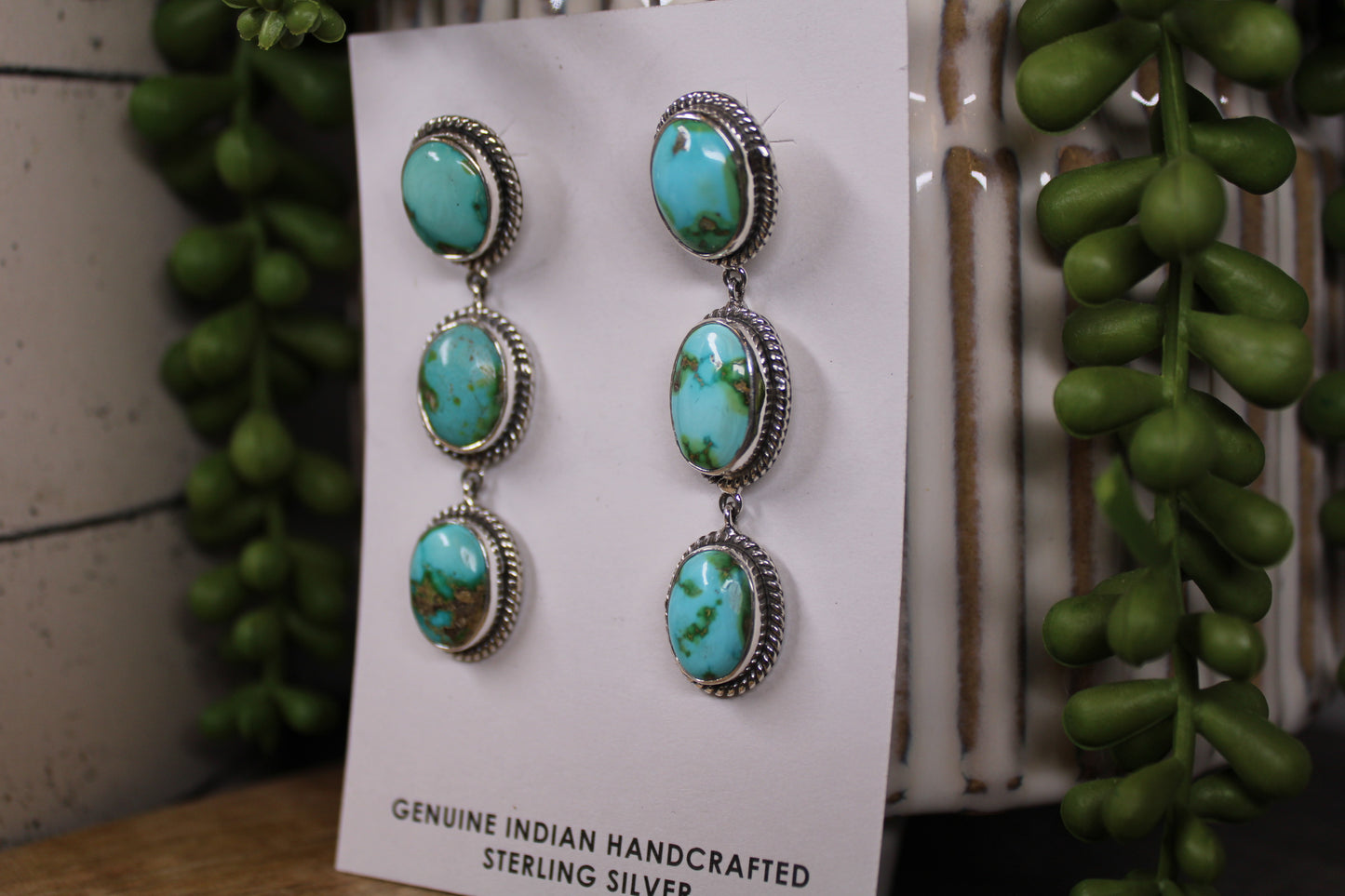 Navajo Sonoran Gold Turquoise Triple Drop Earrings – By Lorenzo Arviso