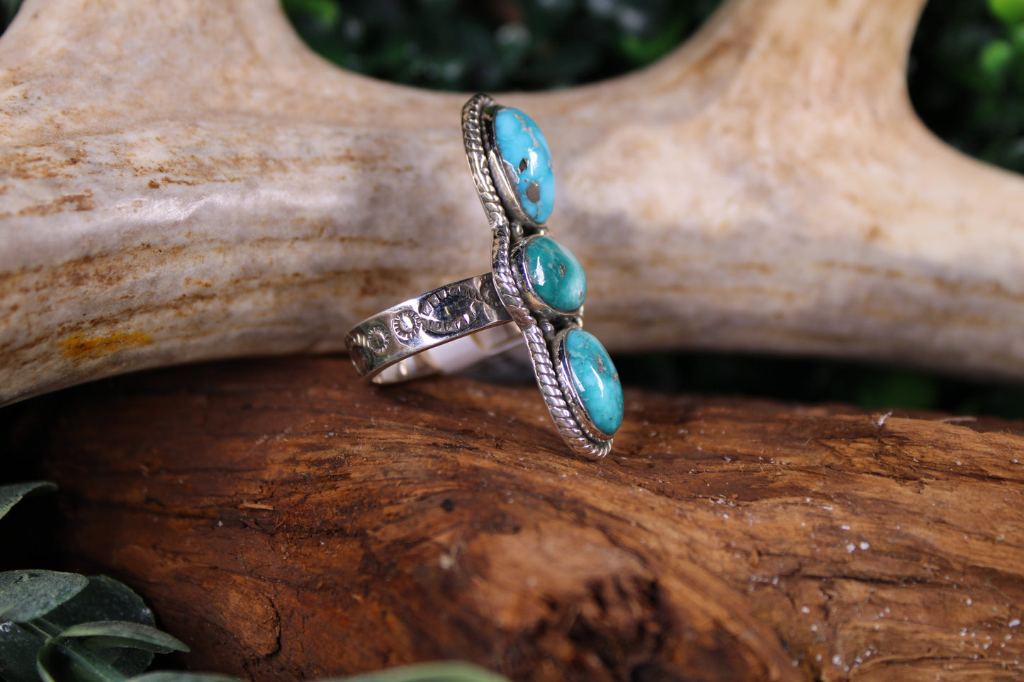 White Water Turquoise Sterling Silver Adjustable Ring - 3 Stone