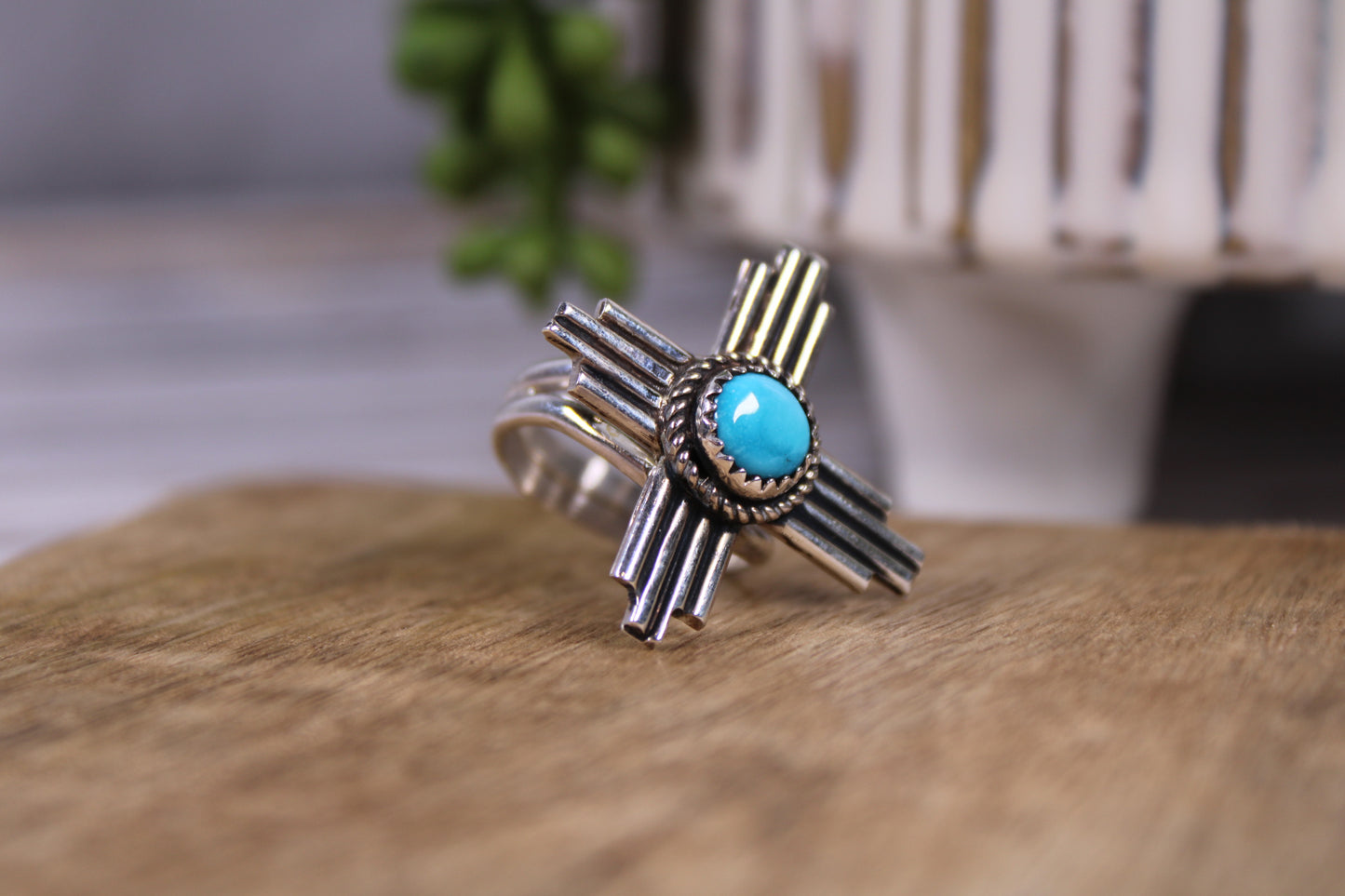 Navajo Handmade Kingman Turquoise Zia Ring – David Morris