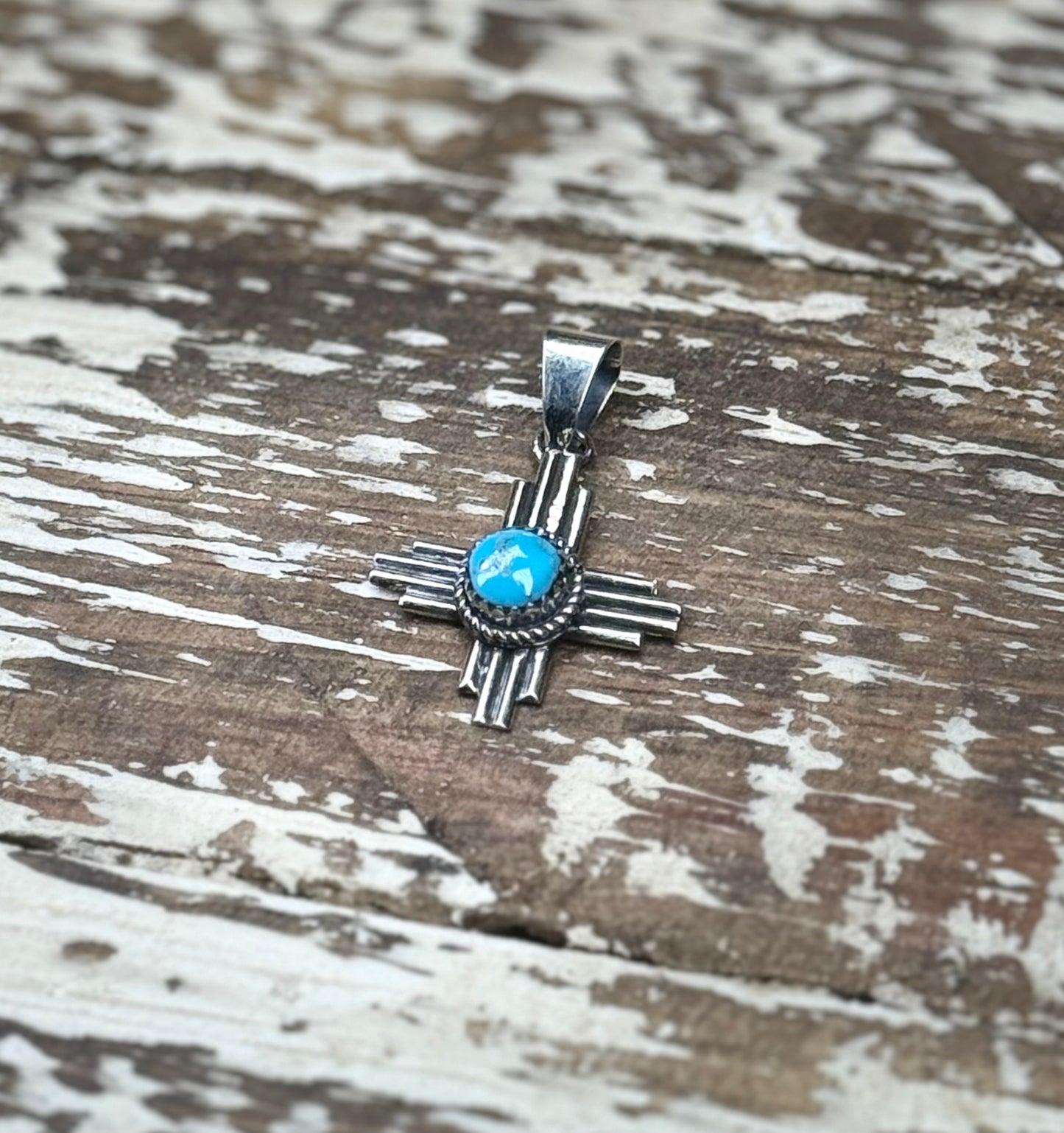 Raymond Yazzie Navajo Sterling Silver Kingman Turquoise Zia Pendant