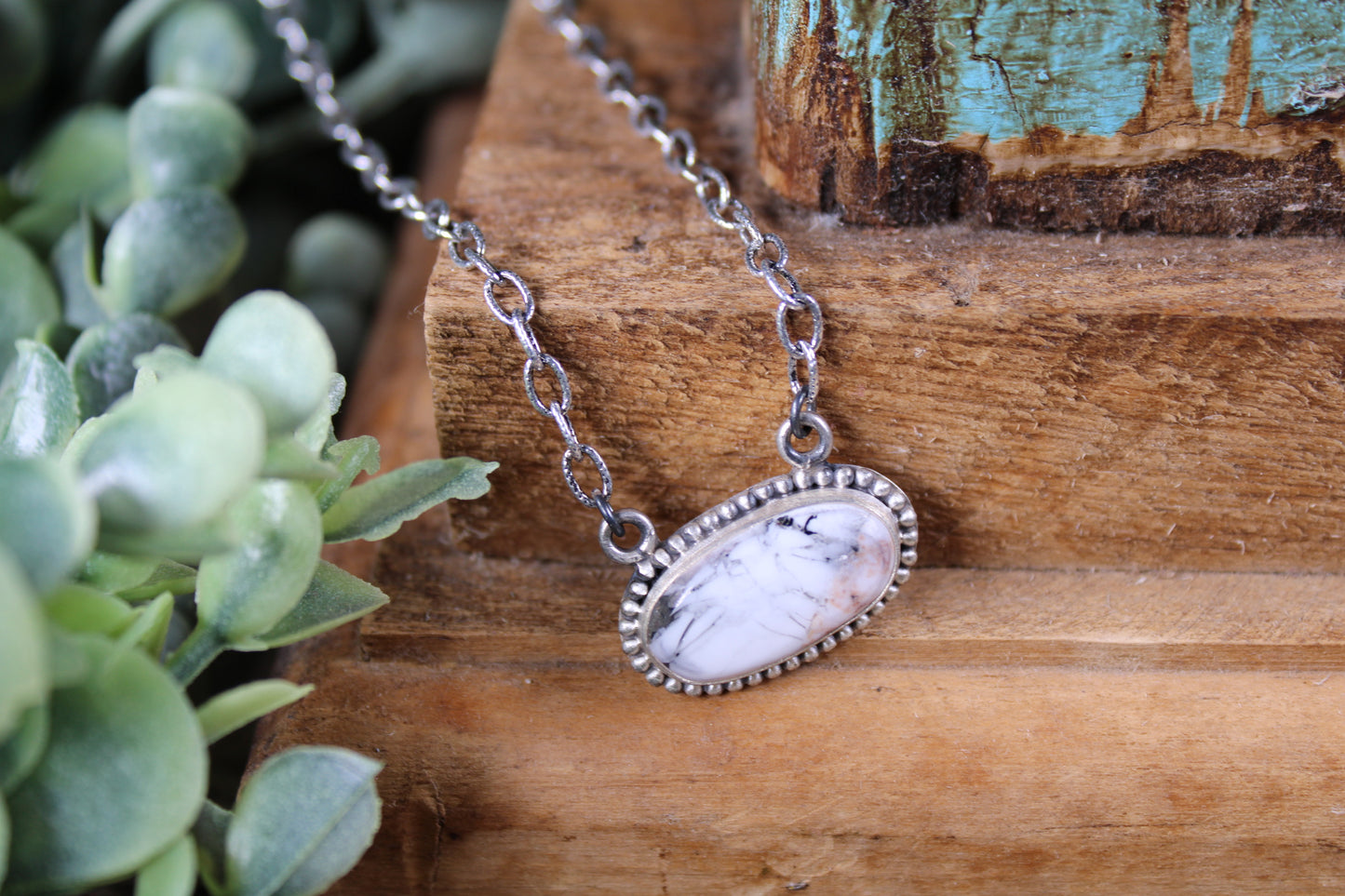 White Buffalo Turquoise Sterling Silver Necklace – 16” Adjustable Chain