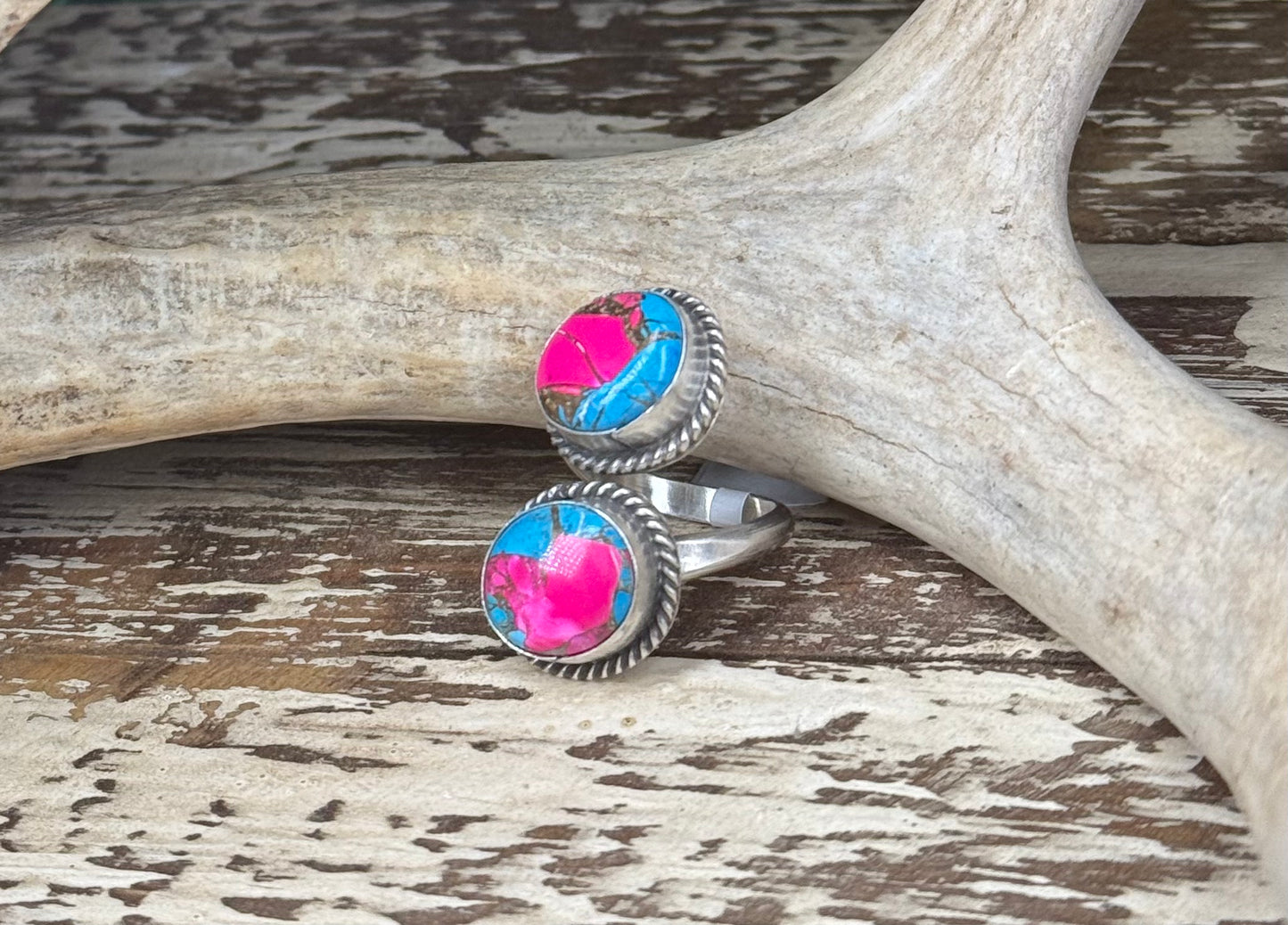 Rex Abeita Navajo Sterling Silver Kingman Cotton Candy Turquoise Adjustable Ring