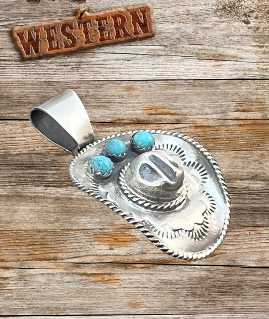 Navajo Bobby Platero Western Turquoise Cowboy Hat Pendant - Sterling Silver