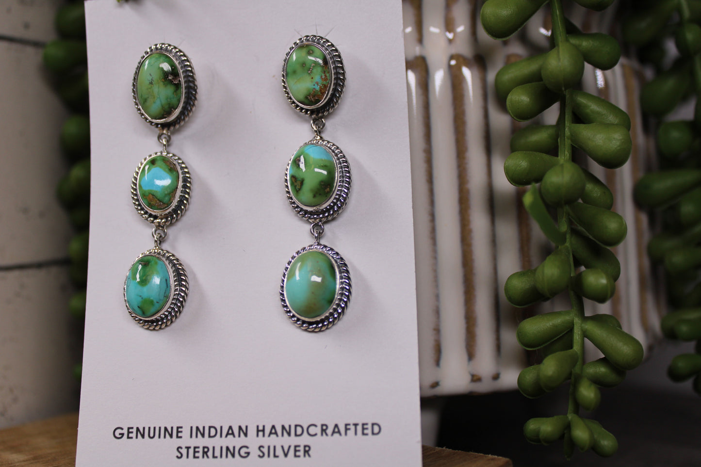 Navajo Sonoran Gold Turquoise Triple Drop Earrings – By Lorenzo Arviso