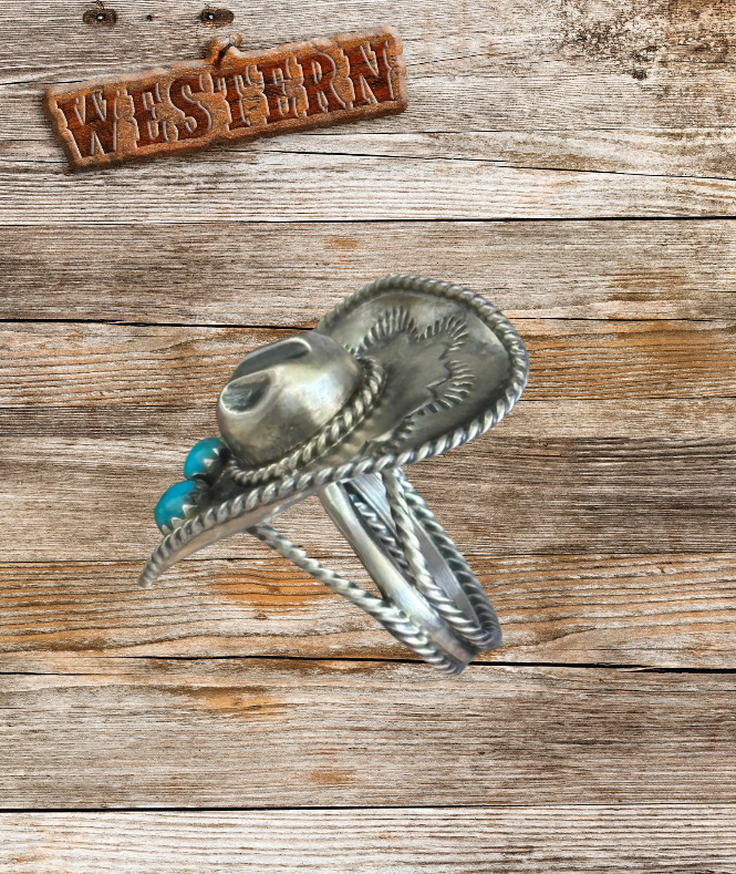 Navajo Bobby Platero Western Turquoise Cowboy Hat Ring - Sterling Silver