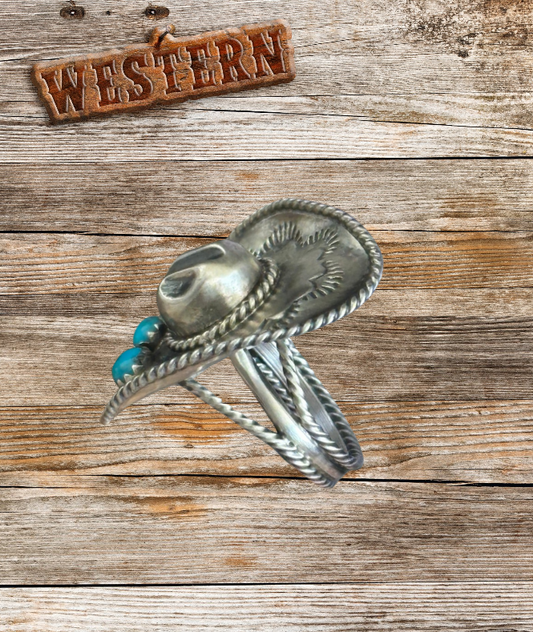 Navajo Bobby Platero Western Turquoise Cowboy Hat Ring - Sterling Silver